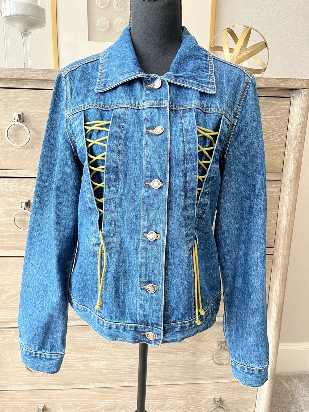Faded Glory Blue Denim Jean Jacket Large Corset Accents 100% Cotton Like New